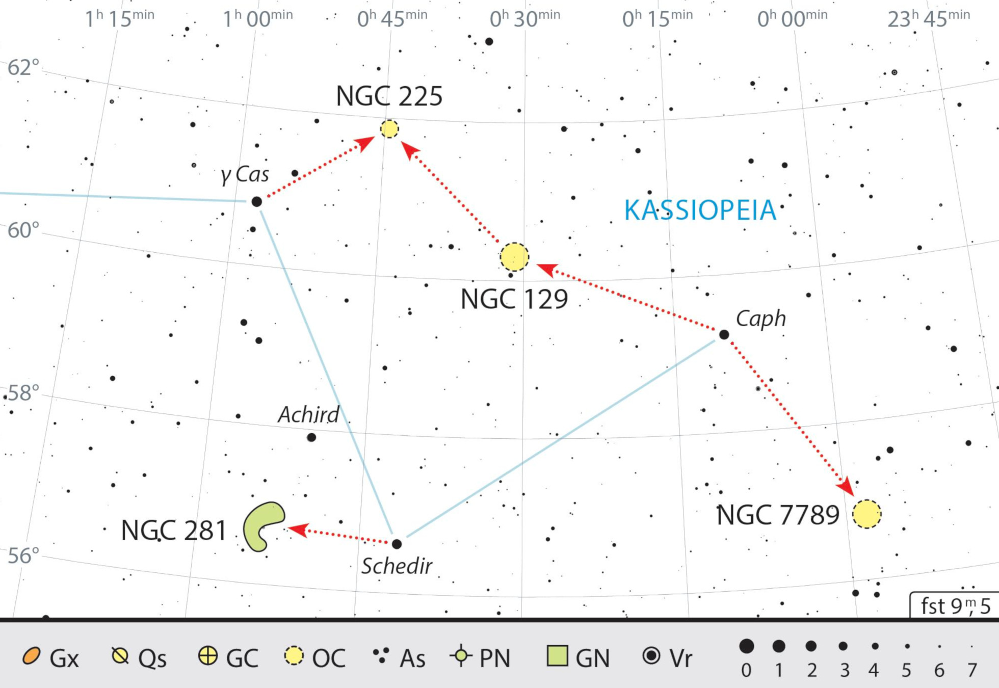 Eine Kette von Sternhaufen ist diesmal das Ziel unserer Wanderung. Der Nebel NGC 281 ist eine besondere Herausforderung. J. Scholten