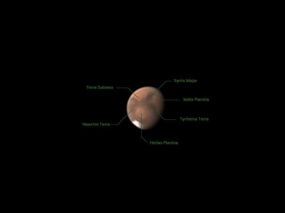 Photo de Mars prise avec un SC 8", ZWO ASI 224MC, ADC, sous un très bon seeing, en août 2020  (photo de J. Bates, Berlin)