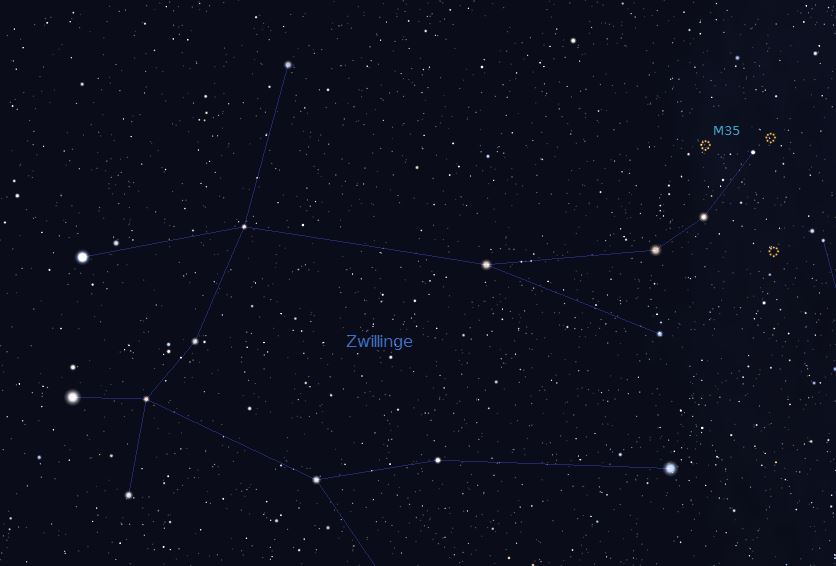 La constellation des Gémeaux avec l’amas d’étoiles ouvert M35