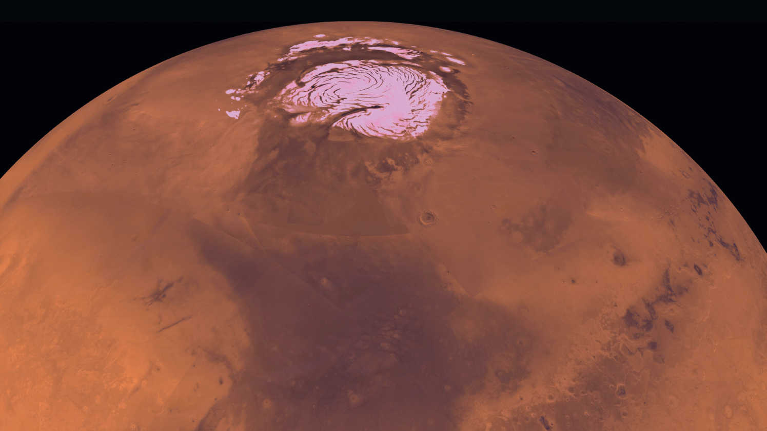 Photographie de Mars depuis Mars Orbiter, avec vue sur la calotte polaire. NASA/JPL/USGS