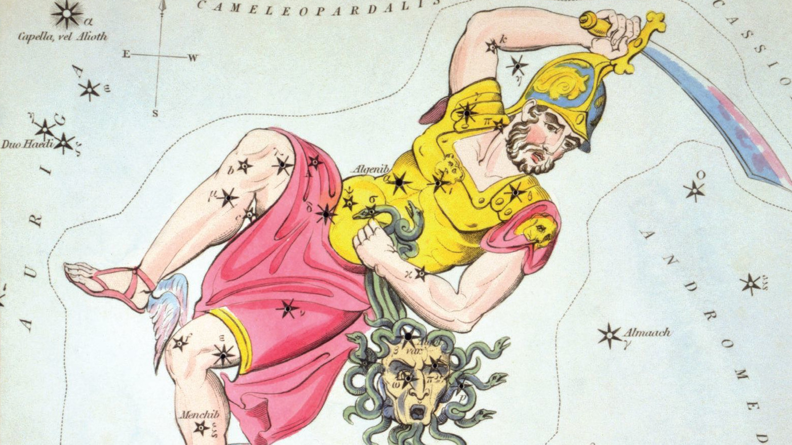 Des représentations picturales de la constellation montrent également le héros Persée avec la tête de la Méduse qu’il a coupée et qui est symbolisée par l’étoile Algol.