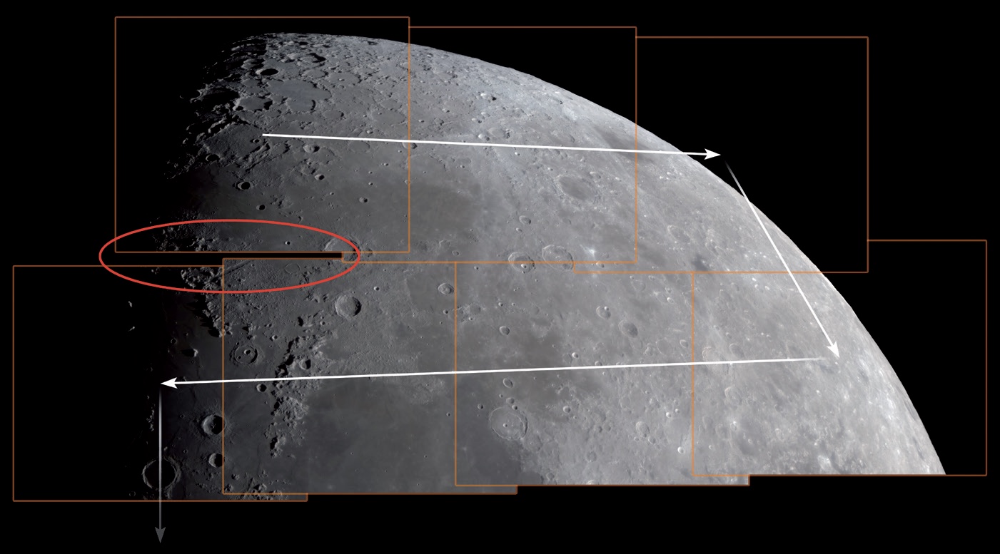 Lors du processus de prise de vues, on parcourt la Lune petit à petit, comme si l’on suivait une route en lacets. Mais il faut veiller à avoir un bon suivi et un chevauchement suffisant, faute de quoi on obtiendra des défauts agaçants. Il est par ailleurs utile que les bords des images soient orientés le plus possible parallèlement aux sens de déplacement. M. Weigand