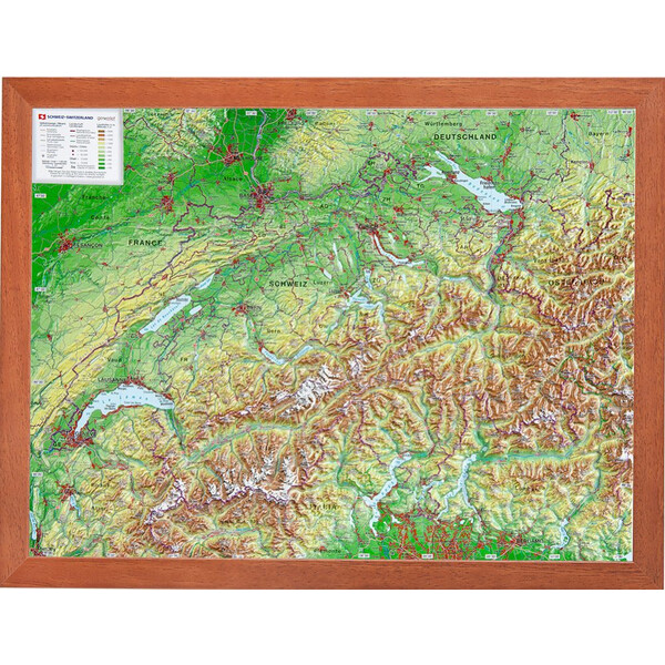 Carte géographique Georelief Schweiz (39x29) 3D Reliefkarte mit Holzrahmen