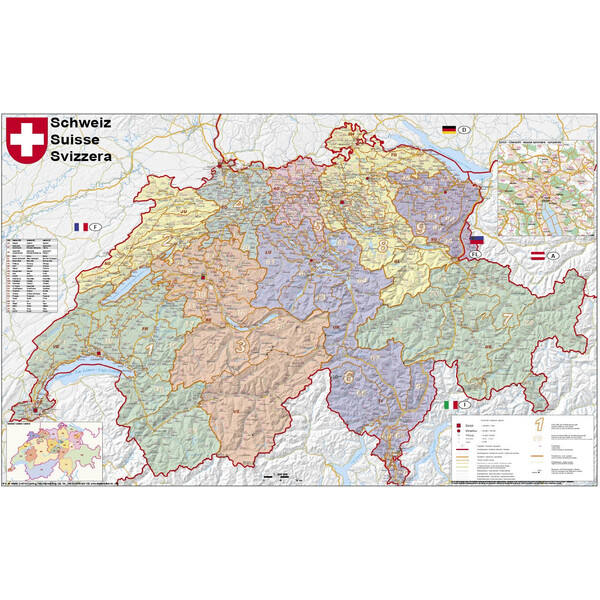 Carte géographique Stiefel Schweiz politisch mit Postleitzahlen (95 x 62 cm)