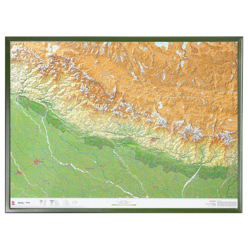 Carte régionale Georelief Nepal groß 3D mit Holzrahmen