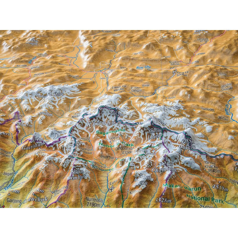 Carte régionale Georelief Nepal groß 3D mit Holzrahmen