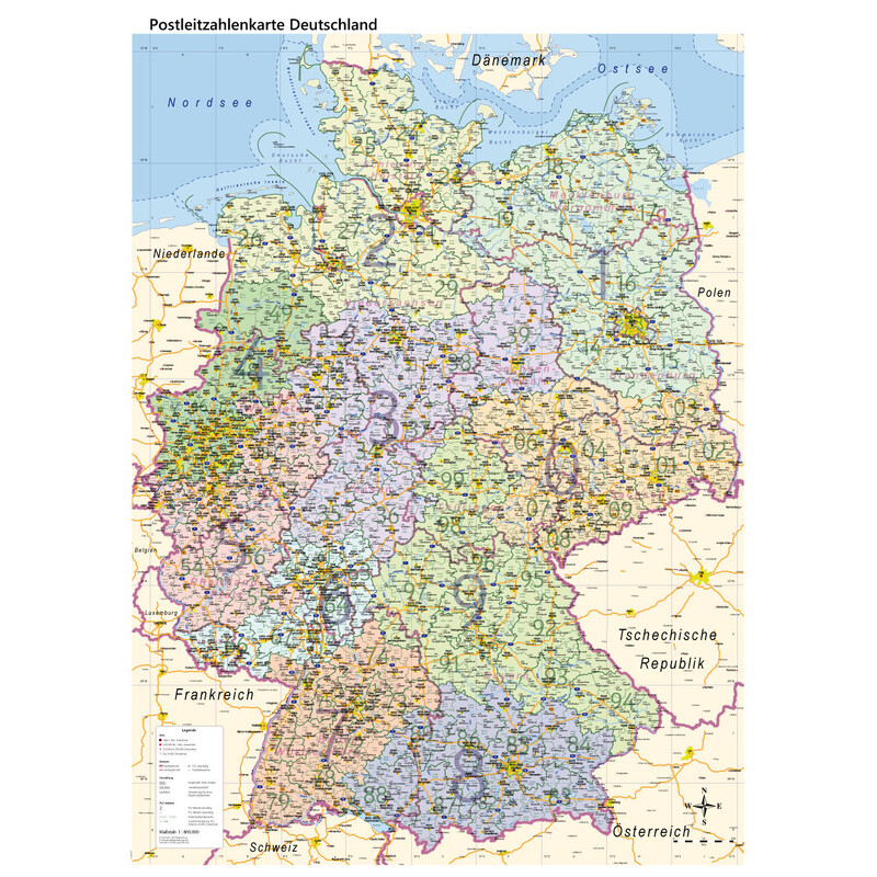 Carte géographique GeoMetro Deutschland politisch mit Postleitzahlen PLZ (84 x 114 cm)