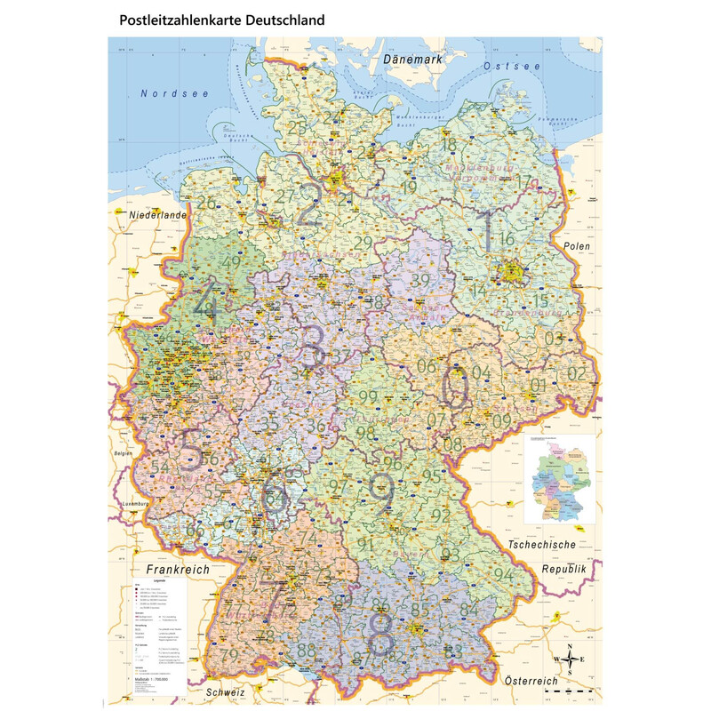 Carte géographique GeoMetro Deutschland politisch mit Postleitzahlen PLZ XL (100 x 140 cm)