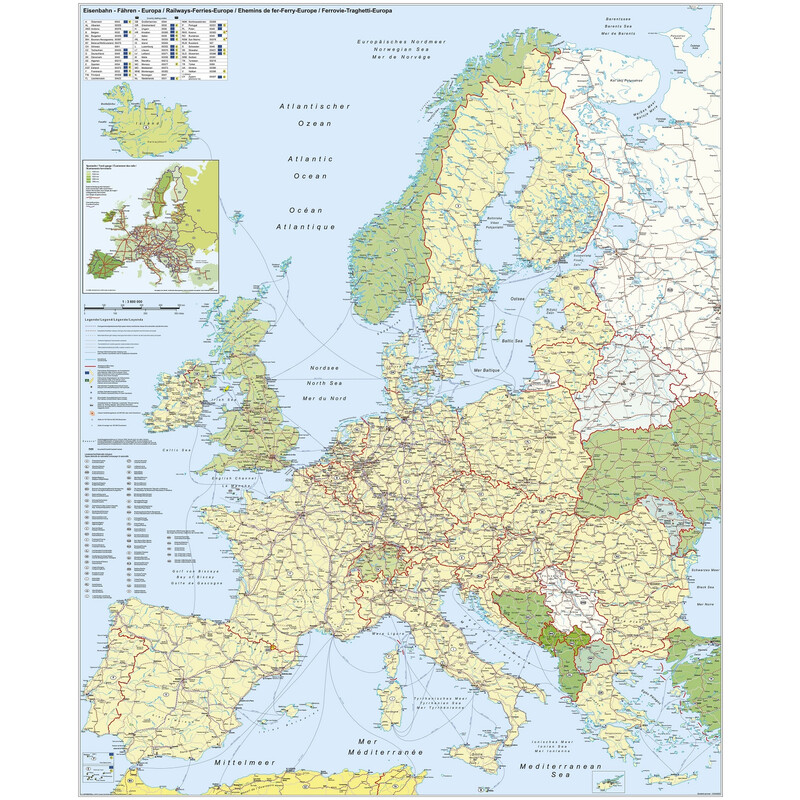 Carte des continents Stiefel Europa: Eisenbahn und Fähren
