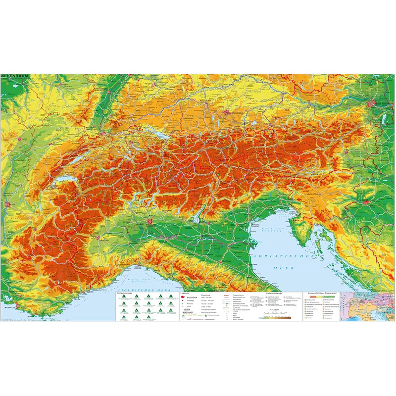 Carte régionale Stiefel Alpenraum mit Weitwander- und Radfernwegen (140 x 100 cm)